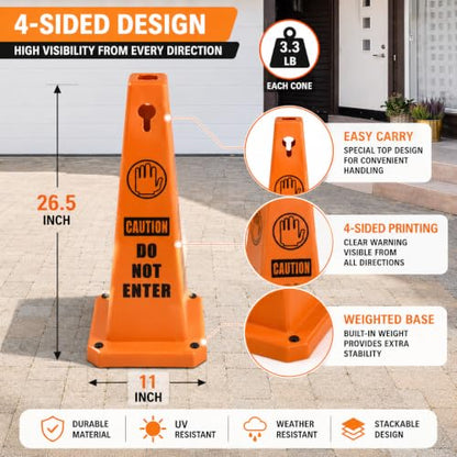 BESEA 4Pack Red Cones Caution DO NOT Enter Sign 4-Sided Heavy Duty Traffic Cones with Weighted Base for Restricted Areas, Construction Zones, Private Property - color: Red, size: 26.5INCH With Caution Sign