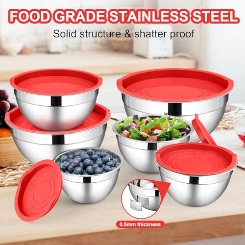 LIANYU 6 PCS Red Mixing Bowls Set, Household Essentials Gift for New Home - color: Red, style: Atlas Base with Airtight Lids