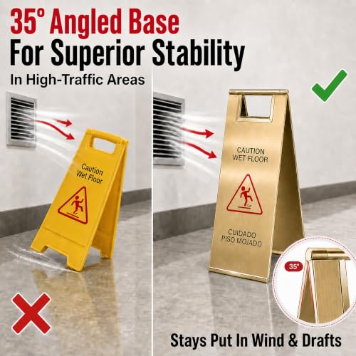 2 Pcs 24 Inch Stainless Steel Wet Floor Caution Sign Gold Bilingual - color: Gold