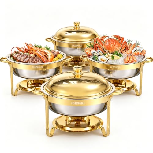 HEADMALL Chafing Dishes for Buffet 4 Pack, 6QT Round Gold Chafing Dish Buffet Set with High Dome Lid, Stainless Steel Food Warmers for Parties, Catering Supplies and Buffet Servers, Safe Rolled Edge - color: Gold