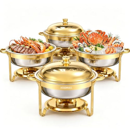 HEADMALL Chafing Dishes for Buffet 4 Pack, 6QT Round Gold Chafing Dish Buffet Set with High Dome Lid, Stainless Steel Food Warmers for Parties, Catering Supplies and Buffet Servers, Safe Rolled Edge - color: Gold