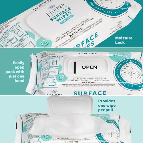 Juniper CLEAN 1 Pack Surface Cleaning Wipes Bleach Free, All-Purpose Cleaner for Bathroom, Kitchen, Office, 72 Count Soft Flow, Fresh Scent, Lint Free & Durable - size: 72 Count (Pack of 1)