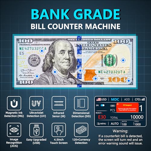 PONNOR Money Counter Machine Mixed Denomination, Serial Number, Multi Currency 2CIS/UV/IR/MG/MT Counterfeit Detection Bill Counter, Cash Counter Machine Value Counting for Business with Printer