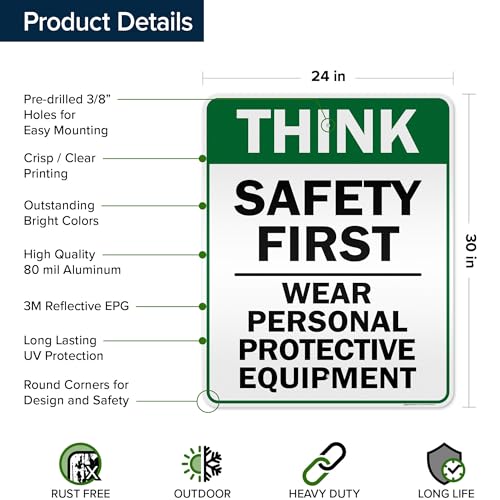 Think Safety First Wear Personal Protective Equipment Sign, 24"x30" .080 - size: 24x30 Reflective Aluminum