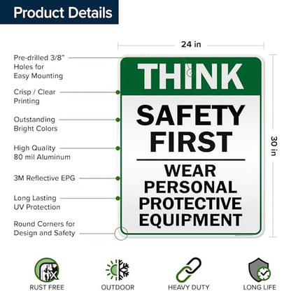 Think Safety First Wear Personal Protective Equipment Sign, 24"x30" .080 - size: 24x30 Reflective Aluminum