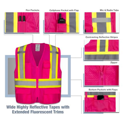 KAYGO Reflective High Vis Safety Vest with Pockets for Men and Women KG0100 - color: Pink, size: Medium