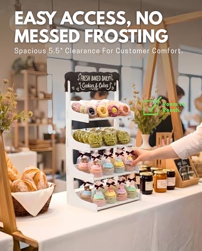 HOTCAN Cookie Display Stand for Bakers & Vendors with Acrylic Front | Wooden Dessert Stand with Chalkboard Sign for Market Booths, Craft Fairs & Events | 4 Tiered Cookie Display for Cupcakes, Muffins & Pastries (White) - color: White, size: 4 Tier