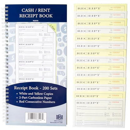 Cash and Rent Receipt Book - 200 Sets of Receipts - 2 Part Carbonless Paper - Ideal for Small Businesses and Landlords
