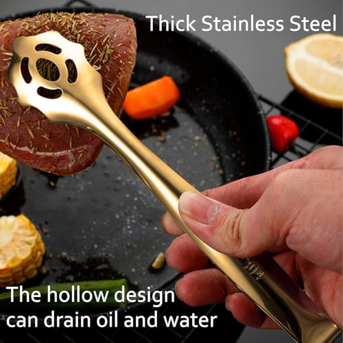 2-Pack 9 Inch Stainless Steel Gold Salad Tongs, Non-slip & Easy Grip Smart Locking Clip Handy Utensil for Cooking, Serving, Barbecue, Buffet, Salad, Ice, Oven…