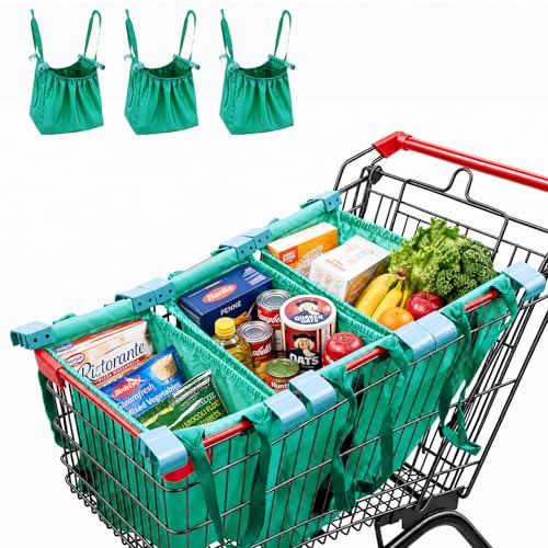 Handy Sandy Cart Caddy – 3-Pack Reusable Shopping Bags with Cart Clips | Heavy-Duty Grocery Organizer Tote Set | Eco-Friendly, Foldable, 40 lb Capacity | Green - color: Bright Green