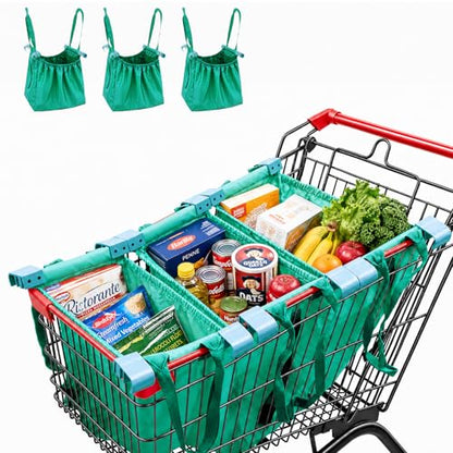 Handy Sandy Cart Caddy – 3-Pack Reusable Shopping Bags with Cart Clips | Heavy-Duty Grocery Organizer Tote Set | Eco-Friendly, Foldable, 40 lb Capacity | Green - color: Bright Green