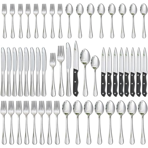 Astercook Silverware Set 48-Piece Flatware with Steak Knives Food-Grade Stainless Steel Cutlery for 8 Mirror Polished Utensils Set Include Spoons and Forks for Home Kitchen Restaurant - color: Premium Silver, size: 48 PCS