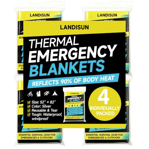 Landisun Emergency Blanket Thermal Space Mylar Blankets 4Packs