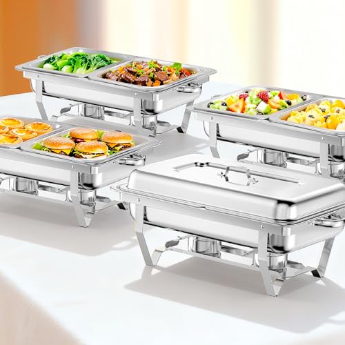 Chafing Dish for Buffet, 4 Pack 9QT Stainless Steel Chafing Servers Food Warmer Set with 8 Half Size Food Pan for Kitchen Party Banquet Dining, Silver - size: 4 Pack Silver