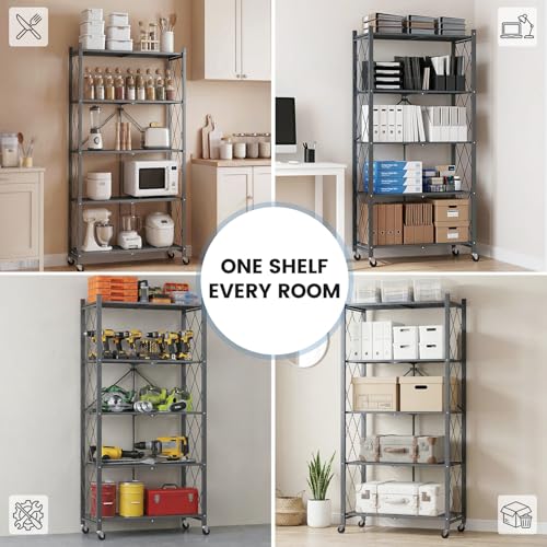 ALANNG 70.7" H Metal Storage Shelves, 5 Tier Folding Storage Shelves on Wheels - color: Grey