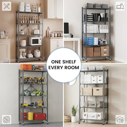 ALANNG 70.7" H Metal Storage Shelves, 5 Tier Folding Storage Shelves on Wheels - color: Grey