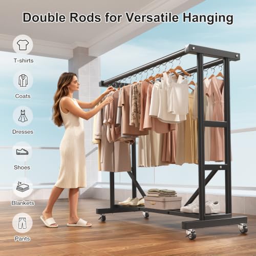Stainless Steel Rolling Clothes Rack, 55 Inch Large Size, 700 LBS Capacity - color: Black