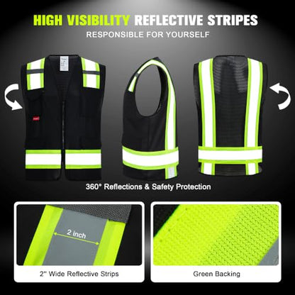 ProtectX High Visibility ANSI Class 2 Safety Vest with 7 Pockets - color: Black, size: Medium