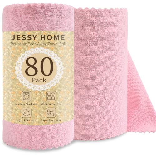 Jessy Home 80 Pack Reusable Paper Towels Pink Microfiber Cleaning Cloth Roll 12"x12" Microfiber Towels, Tear Away Cloth for Cars,Wash Cloths,Lint Free Rags for House,Kitchen,Window,Cleaning Supplies - color: Airy Pink