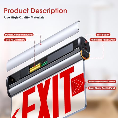 Led Edge-Lit Exit Sign ,Brushed Aluminum Housing Single-Sided Clear Rotating Acrylic Panel,Hardwired Emergency Exit Signs with Battery Backup, 120V-347VAC,Red Led Emergency Exit Light for Business , UL Listed,Top/Side/Wall Mount(1 Pack) - size: Single Sid