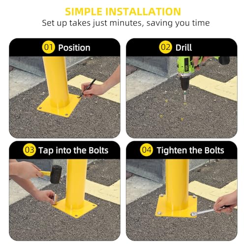 4-Pack Heavy Duty Safety Bollards, 48" Height, 4.5" Diameter Steel Pipe Bollard Post with 16 Anchor Bolts, High-Visibility Yellow Parking Bollard for Traffic Control, Warehouses, & Pedestrian Safety - size: 48 inch