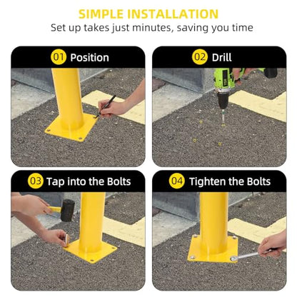 4-Pack Heavy Duty Safety Bollards, 36" Height, 4.5" Diameter Steel Pipe Bollard Post with 16 Anchor Bolts, High-Visibility Yellow Parking Bollard for Traffic Control, Warehouses, & Pedestrian Safety - size: 36 inch