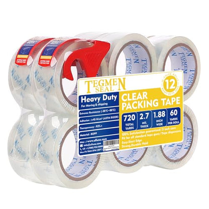 Heavy Duty Clear Packing Tape with Dispenser Combo for Shipping, Moving & Storage,Thicker Clear Packing Tape, 1.88 inches Wide, 60 Yards Per Roll, 12 Pack 720 Total Yards - size: 12-Pack