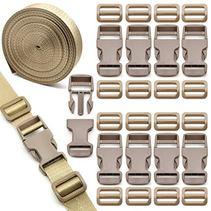 1 inch Buckles Straps Set with 10 Yards Nylon Webbing Strap,10 pcs Quick Side Release Plastic Buckle, 20 pcs Tri-glide Slide Clip for Luggage Strap, Backpack - color: Tan