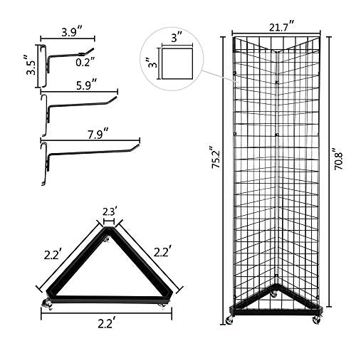 Bonnlo 6' x 2' Triangle Grid Panel Tower with Base and Casters, 5mm Wire, 220 lbs Capacity Wall Display Rack with 3 Sizes x 6 Hooks, Black