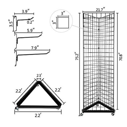 Bonnlo 6' x 2' Triangle Grid Panel Tower with Base and Casters, 5mm Wire, 220 lbs Capacity Wall Display Rack with 3 Sizes x 6 Hooks, Black