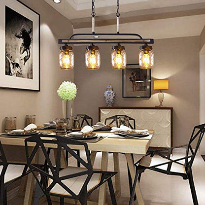 Wellmet Farmhouse Dining Room Chandelier, Black Mason Jar Chandelier Lighting Fixture for Kitchen Island, Dining Table, Rustic Linear Cluster Hanging Pendant Light, Faux Wood with Glass Shade