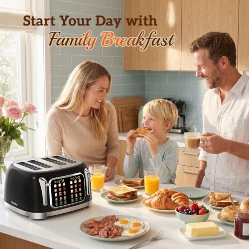 RONGBEST Retro Toaster 4 Slice with Stainless Steel Wide Slot Touch Screen for Family Breakfast, 6 Browning Levels for Bagel & Bread, Reheat & Defrost, Removable Crumb Tray, Jet Black - color: Jet Black