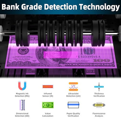 PONNOR Money Counter Machine with Value Bill Count, Cash Counter for Dollar, Euro with UV/MG/IR/DD/DBL/HLF/CHN Counterfeit Detection, Add/Bat/Value Mode Bill Counting Machine with Large LCD Display