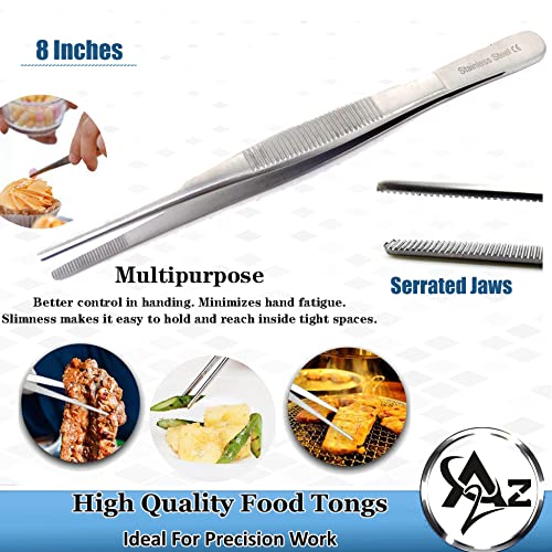 Professional Culinary Stainless Steel Precision Tongs with Serrated Tips, Plating/Food Presentation Detailing Serving Tongs, Chef's Kitchen Tweezer Tongs - Ultra Non-Slip Grip (8 Inch) - size: 8" Straight