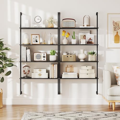 Tangkula 4-Tier Wall Mounted Bookshelf, Wood Ladder Shelf - color: Black