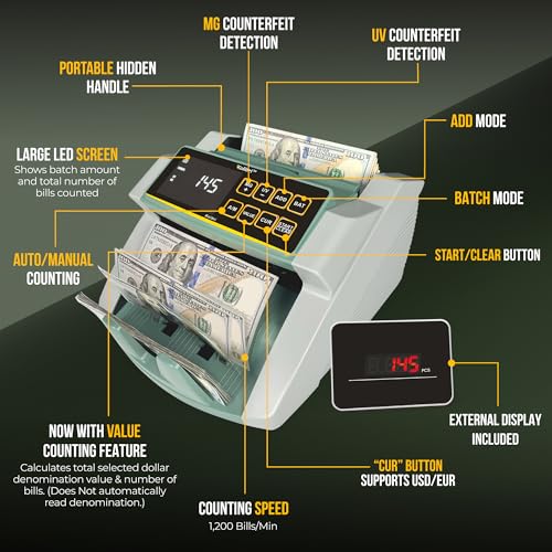KOLIBRI Money Counter Machine I UV/MG I Set Value Count I LCD Display I Business Grade I Dollar, Euro I Advanced UV/MG/IR/DD/HLF Detection I 1,500 Notes/Min I 1-Year Warranty I KOLIBRI UV/MG - color: White/Green (Kolibri Uv/Mg)