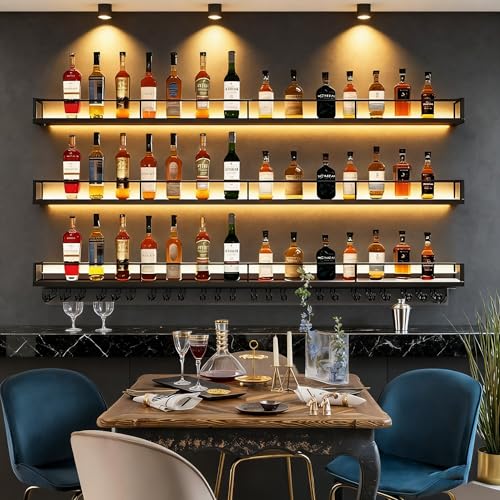 Metal Wall Mounted Wine Rack with LED Light, 3 Tiers Liquor Bottles Floating Shelves with Glass Holder, Wine Shelf Industrial Bar Shelves for Home Bar Dining (Black, 120cm/47.2in) - color: Black, size: 120cm/47.2in
