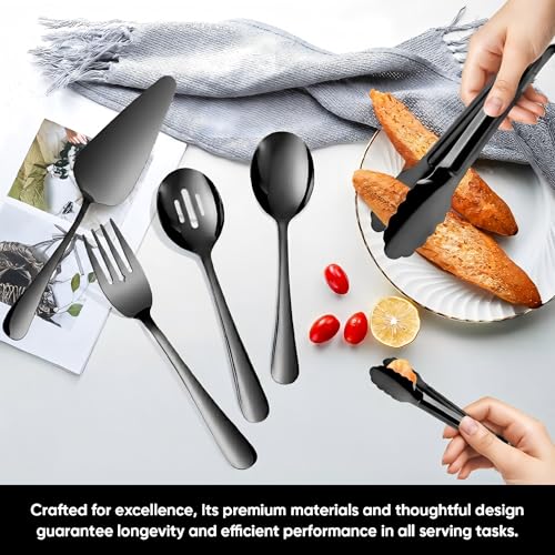 14PCS Serving Utensils - Hostess Serving Utensils Set, Premium Stainless Steel 8.7 inch Serving Utensils, Slotted Spoons, Forks, Tongs, Cake Pie Server for Buffet, Wedding, Dinner (Black) - color: Black