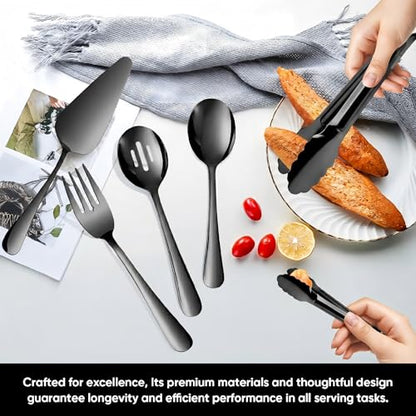 14PCS Serving Utensils - Hostess Serving Utensils Set, Premium Stainless Steel 8.7 inch Serving Utensils, Slotted Spoons, Forks, Tongs, Cake Pie Server for Buffet, Wedding, Dinner (Black) - color: Black