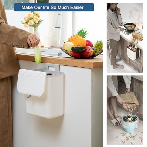 Kitchen Compost Bin Cabinet Hanging Small Trash Can with Lid 2.4 Gallon - color: white