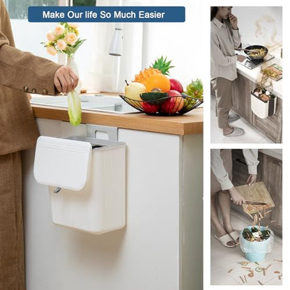 Kitchen Compost Bin Cabinet Hanging Small Trash Can with Lid 2.4 Gallon - color: white