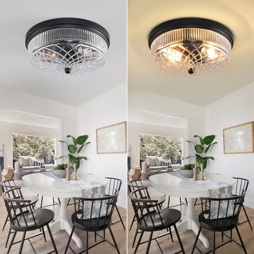 Semi Flush Mount Ceiling Light with Clear Glass Shades,3-Lights Industrial Semi Flush Mount Ceiling Light, 3-Light Industrial Black Light Fixtures Ceiling Mount for Kitchen Living Room Foyer - color: 2-Light Clear Glass Ceiling Light, size: 1 Pack