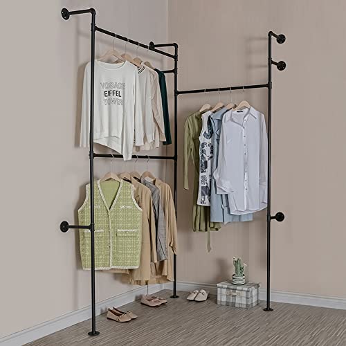 Wall Mounted Industrial Pipe Clothing Rack Garment Racks Pipeline Vintage Rolling Rack On Wall, Heavy Duty Rustic Gold Metal Garment Frame for Bedroom, Living room (Black) - style: 3-Hanging Black