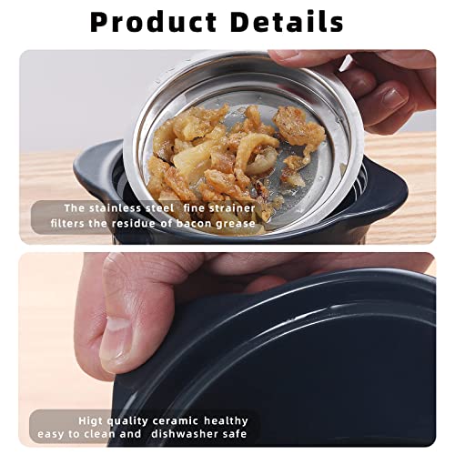 ONTUBE Ceramic Bacon Grease Container Keeper with Strainer 17oz, Navy - color: Navy