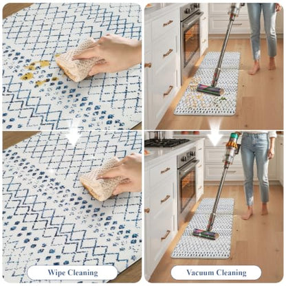KIMODE Kitchen Mats 2PCS Cushioned Anti Fatigue Boho Kitchen Rugs and Mats - color: Light Blue Diamond, size: 17.3" x 47 "+ 17.3" x 29 "--0.47 inches