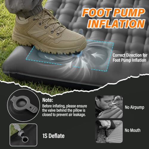 Camping Sleeping Pad, 6 inch Thick Ultralight Camping Mat with Pillow, Built-in Foot Pump Inflatable Sleeping Pads Compact for Camping Backpacking Hiking Traveling Tent,Single,Gray - color: Grey