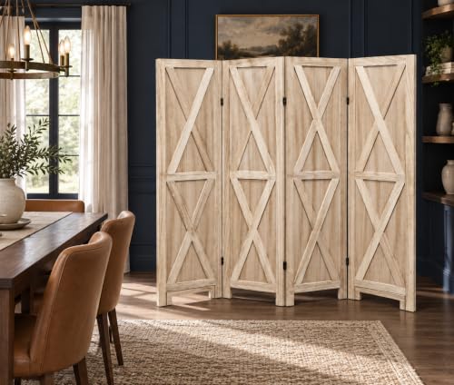Premium Home 4-Panel Room Divider, Natural Barn Door X-Pattern Screen - color: Natural - X Pattern - 4 Panel
