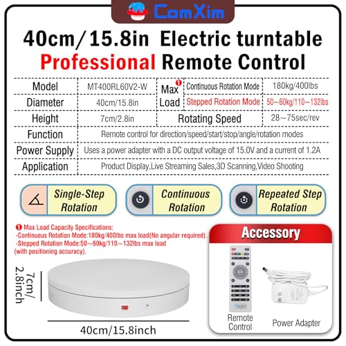 15.8In Remote Motorized Electric Turntable Rotating Display Stand Rotating Platform Photography Turntable motorized lazy susan base giratoria para for Photography,3D Scanner,(Load Range:132~400lbs) - size: 15.8inch/White/400Lbs Load