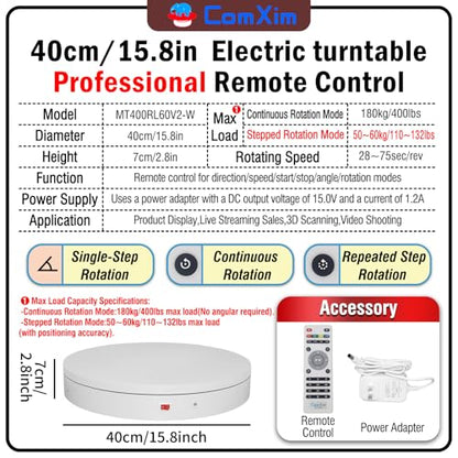 15.8In Remote Motorized Electric Turntable Rotating Display Stand Rotating Platform Photography Turntable motorized lazy susan base giratoria para for Photography,3D Scanner,(Load Range:132~400lbs) - size: 15.8inch/White/400Lbs Load