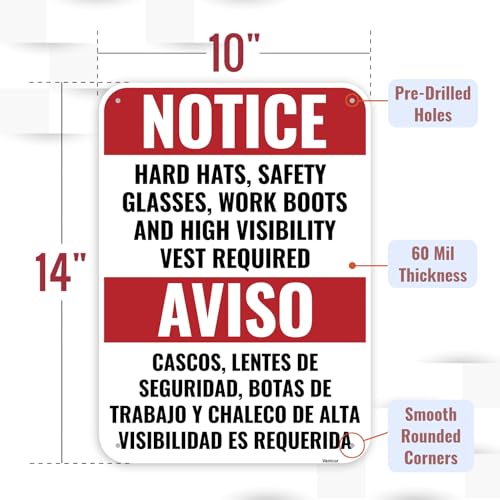 1PC Construction Signs, 14 x 10 Inches - Aluminum - Danger Area Under Construction Safety Site Signs For Jobsites - Bilingual Spanish - color: HH SG WB HVV Required